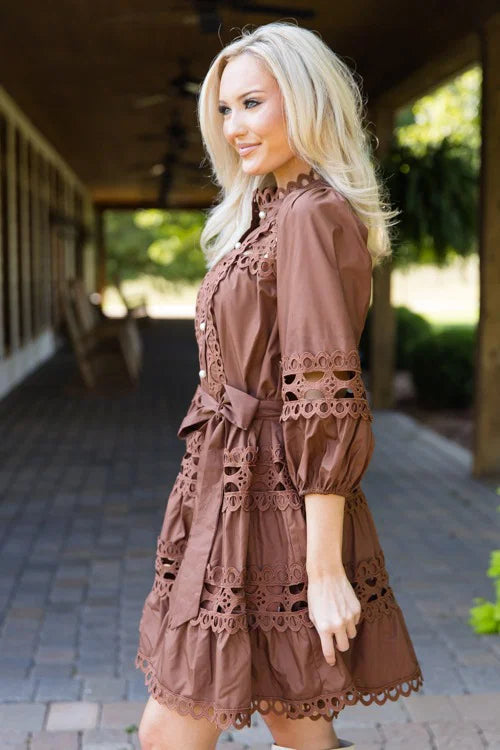 Entro Zosia Brown Lace Mini Dress with Pearl Buttons size M NWT