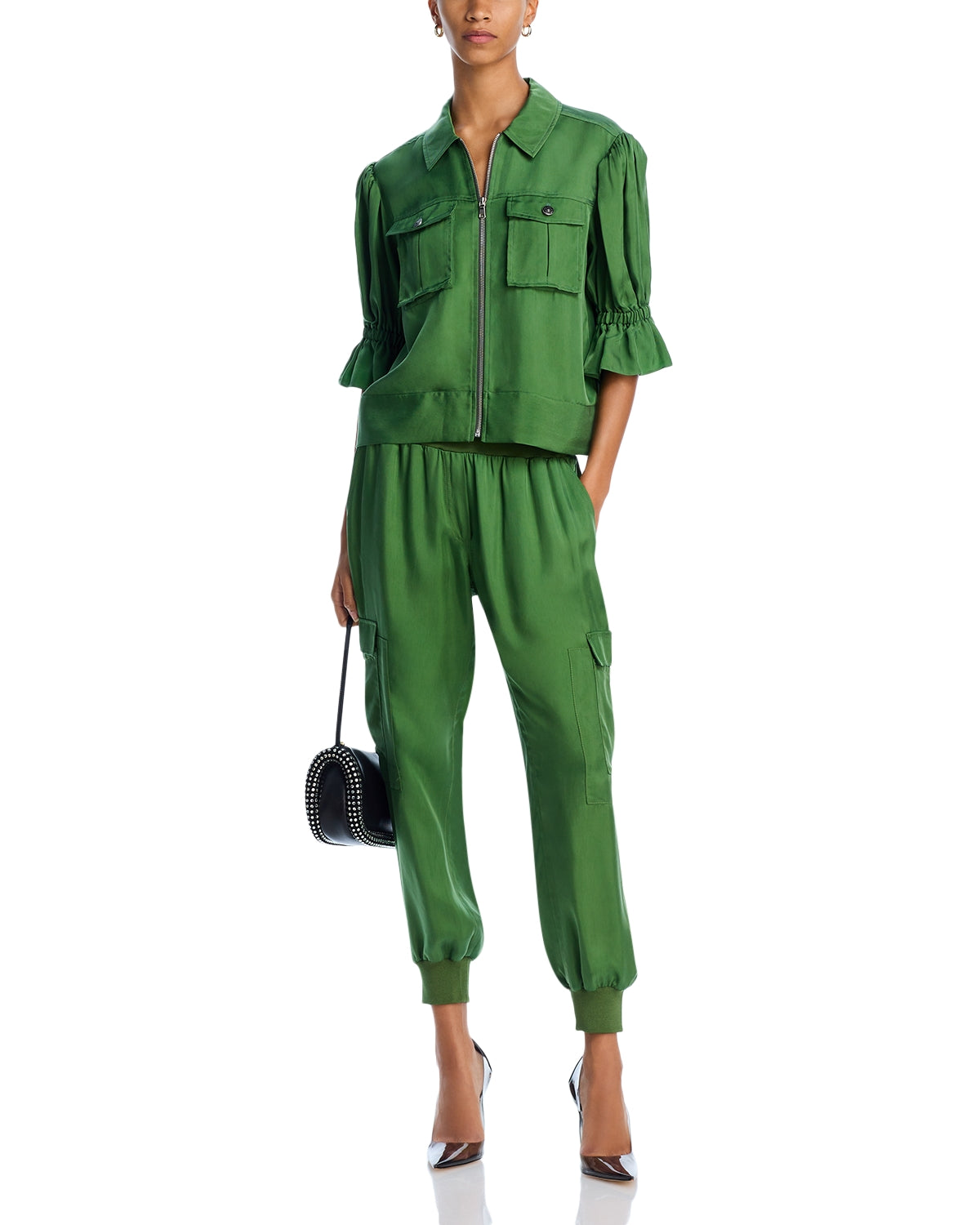 Cinq a Sept Holly Ruffle Sleeve Jacket and Giles Cargo Joggers in Green size S