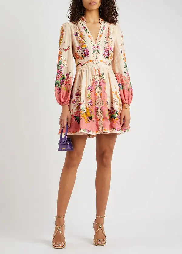 Zimmermann Tropicana Floral-Print Linen Mini Dress size 0 US 2