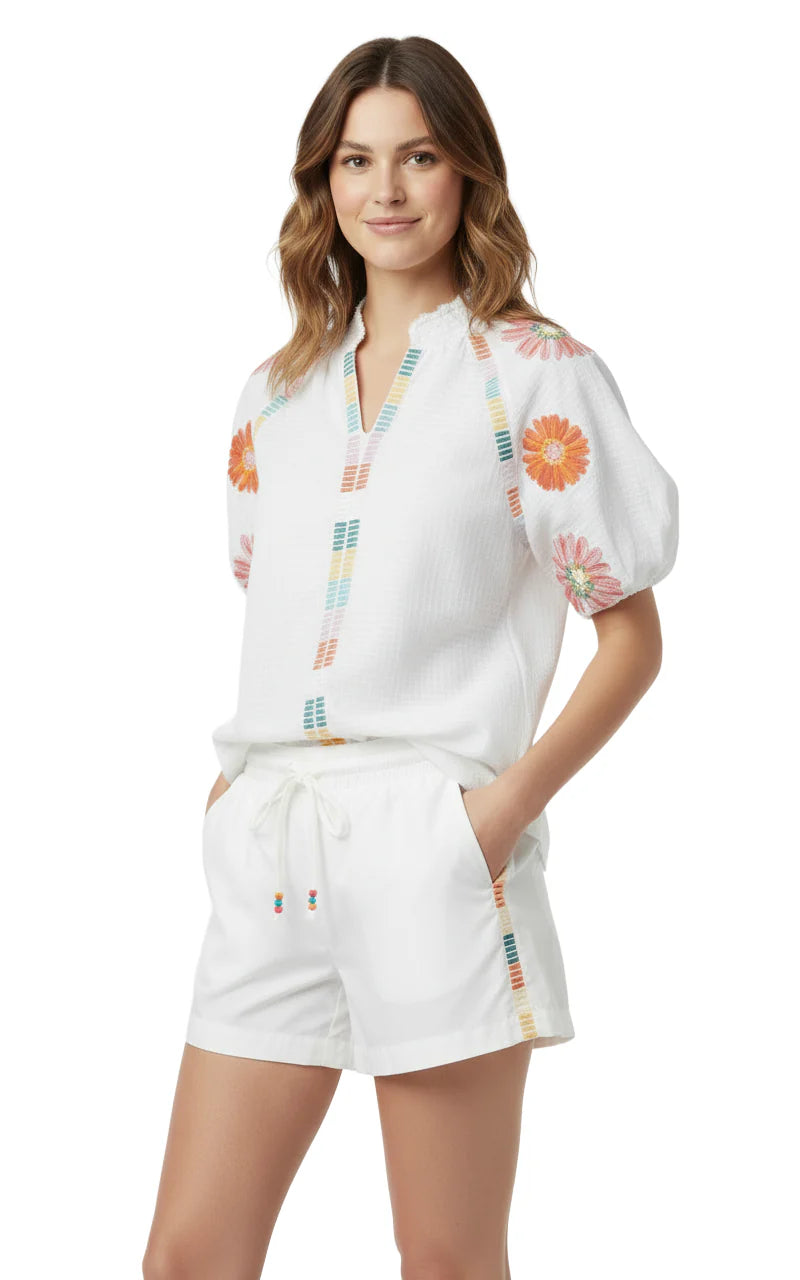 THML White Seersucker Puff Sleeve Embroidered Top size XS