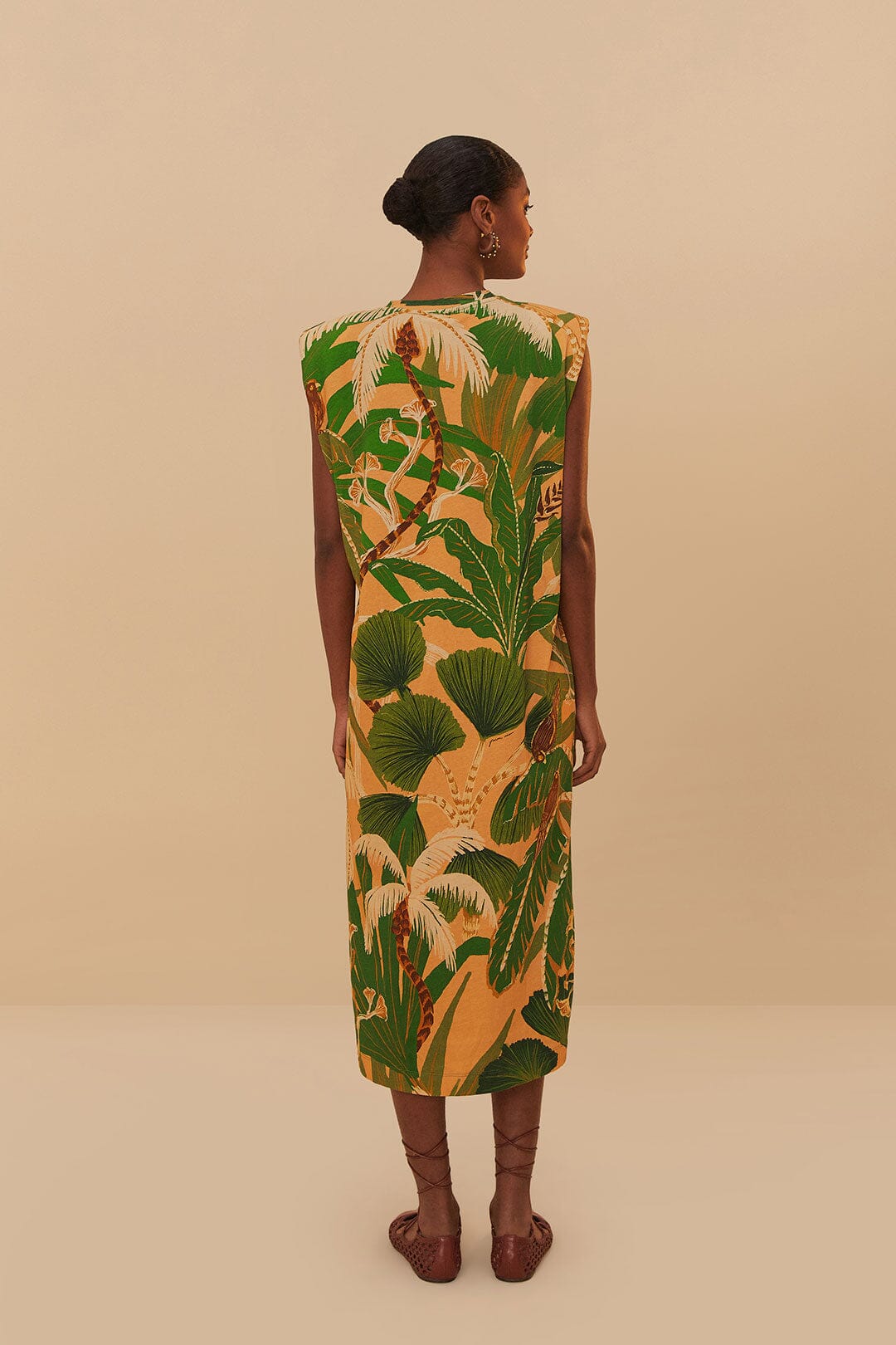 Farm Rio Tropical Isla Padded Shoulders Midi Dress size S