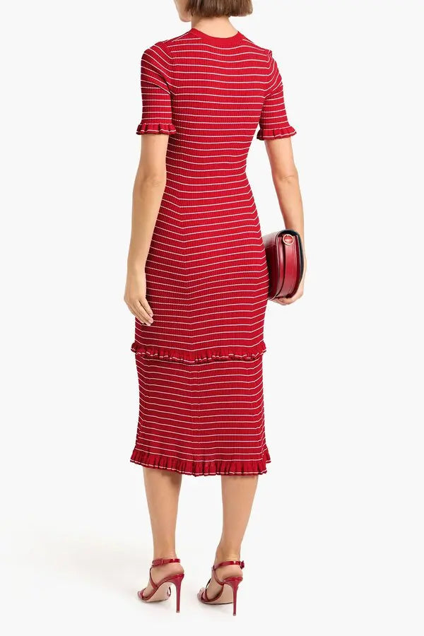 Altuzarra Red Delpini Stripe Ruffle Trim Midi Dress size M