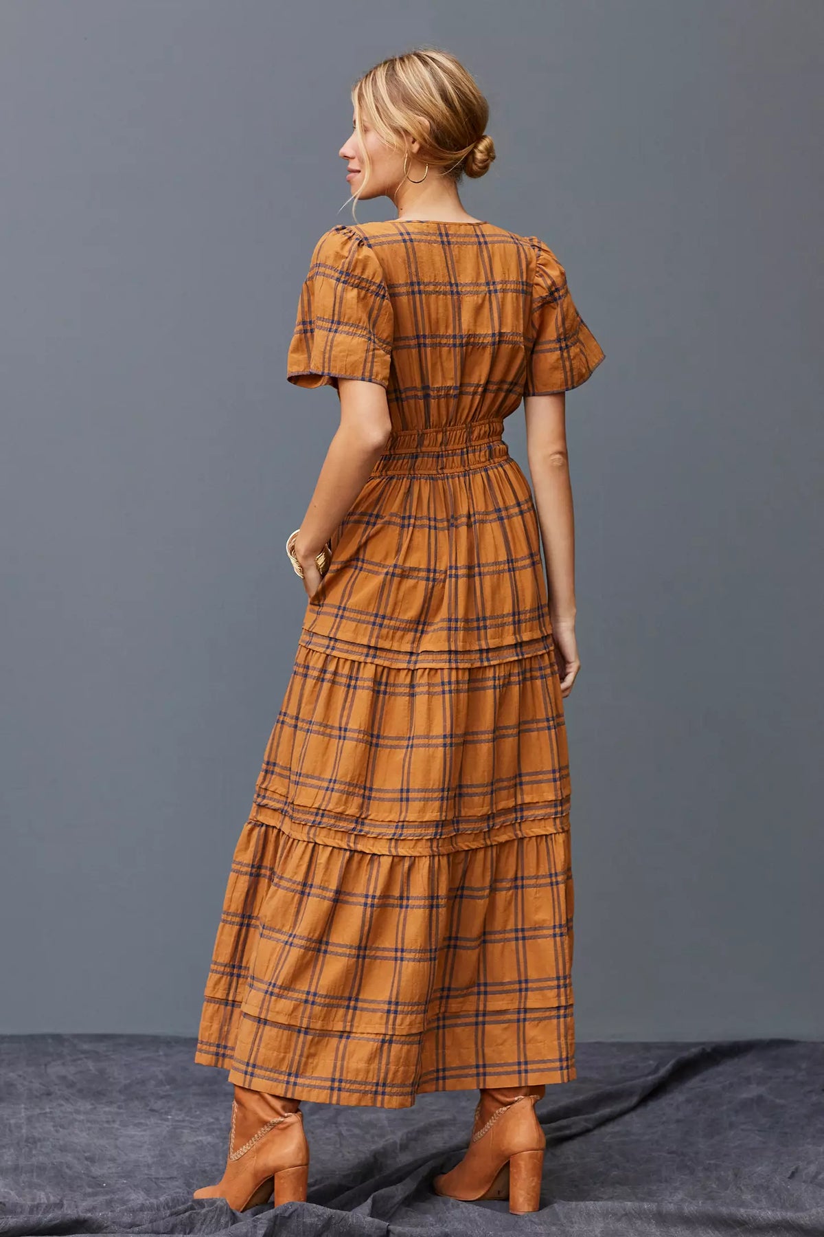 Anthropologie Maeve Somerset Maxi Dress in Mustard Plaid size XS