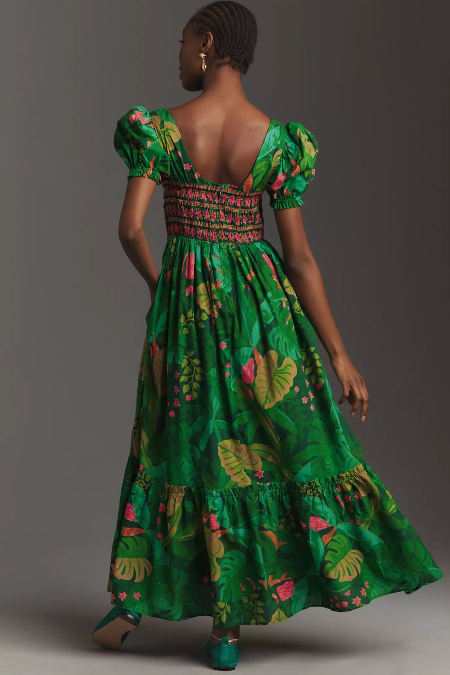 Farm Rio Puff-Sleeve Smocked Maxi Dress in Green size L