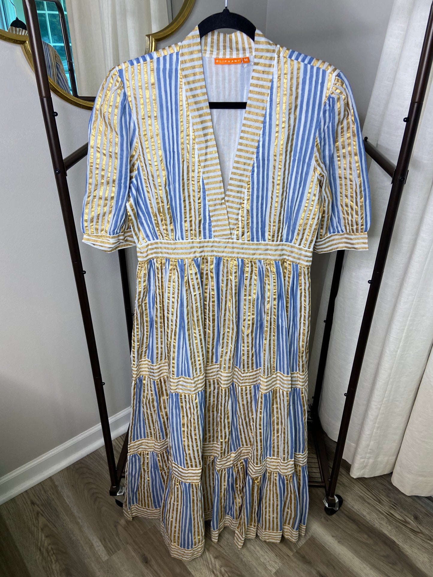 Oliphant V Neck Cuffed Maxi Dress Blue Gold size M