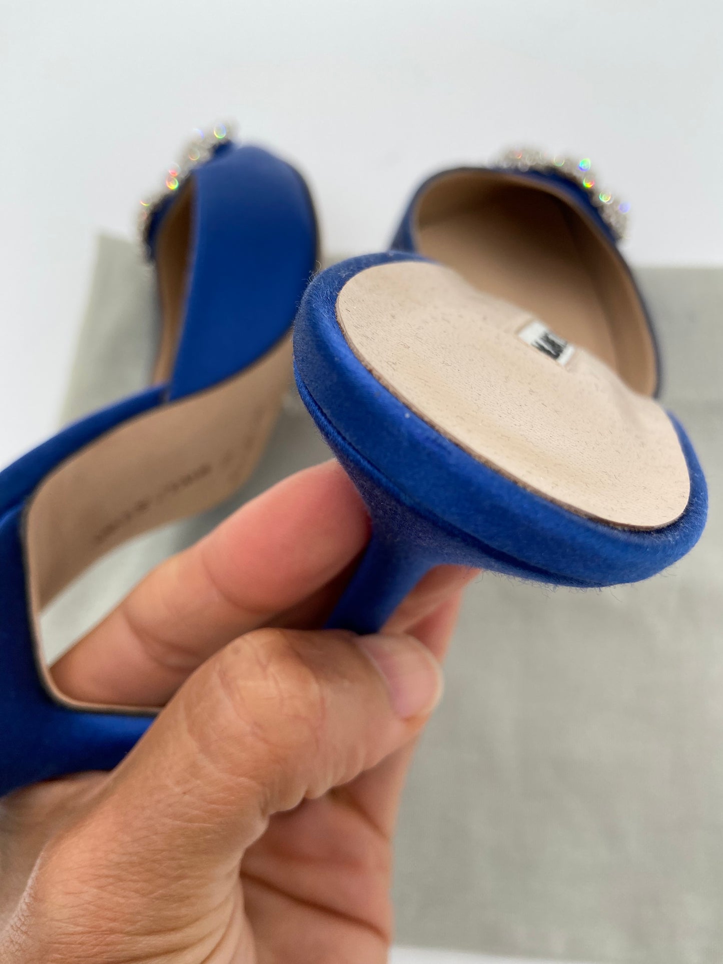 Manolo Blahnik Blue Satin Jewel Buckle Mules size 38
