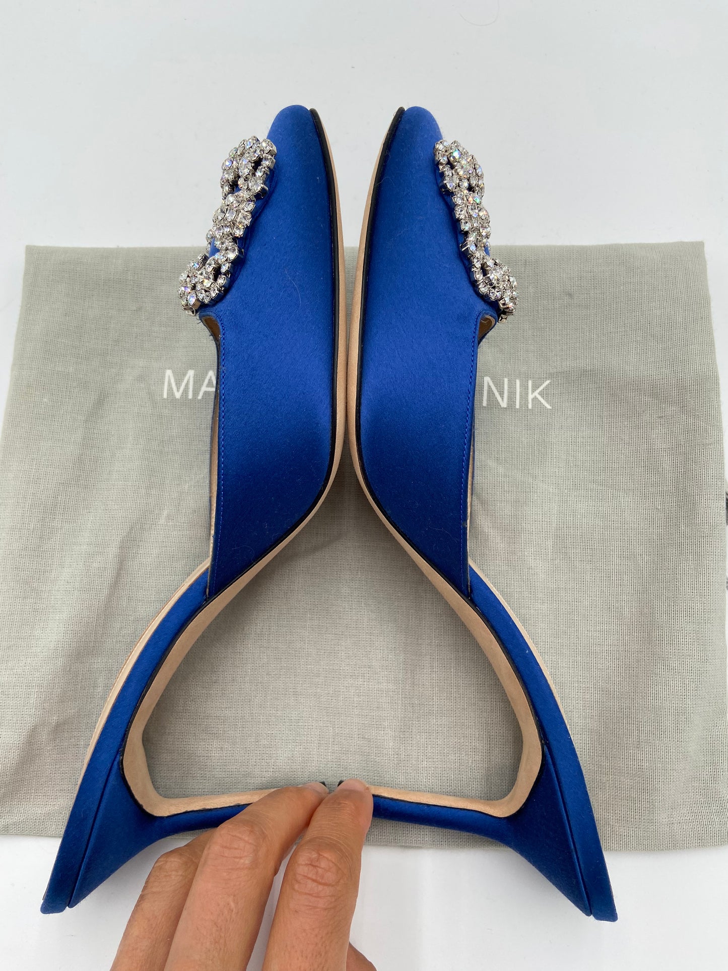 Manolo Blahnik Blue Satin Jewel Buckle Mules size 38