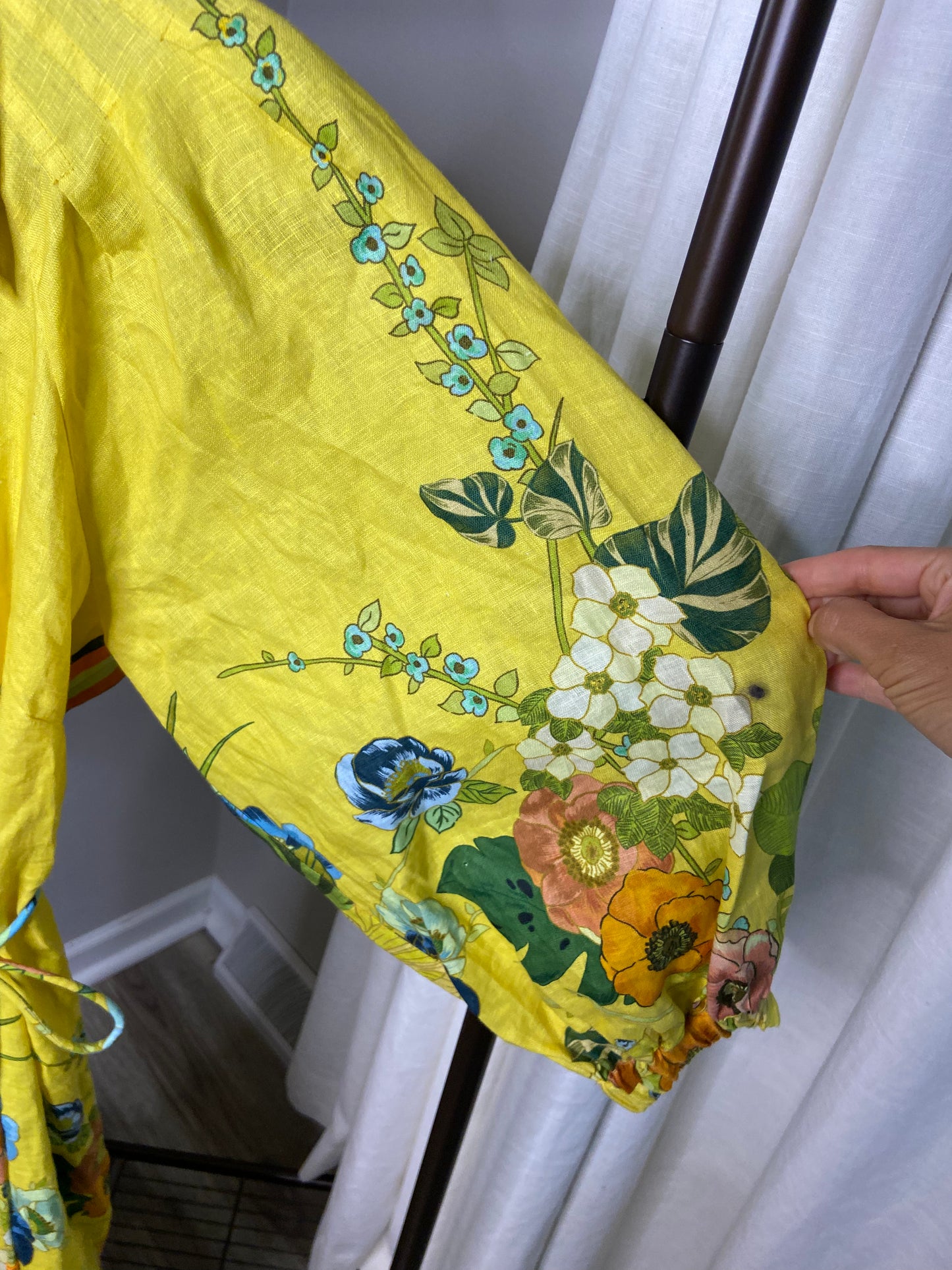 Alemais Floral Puff Sleeve Linen Midi Dress size 2