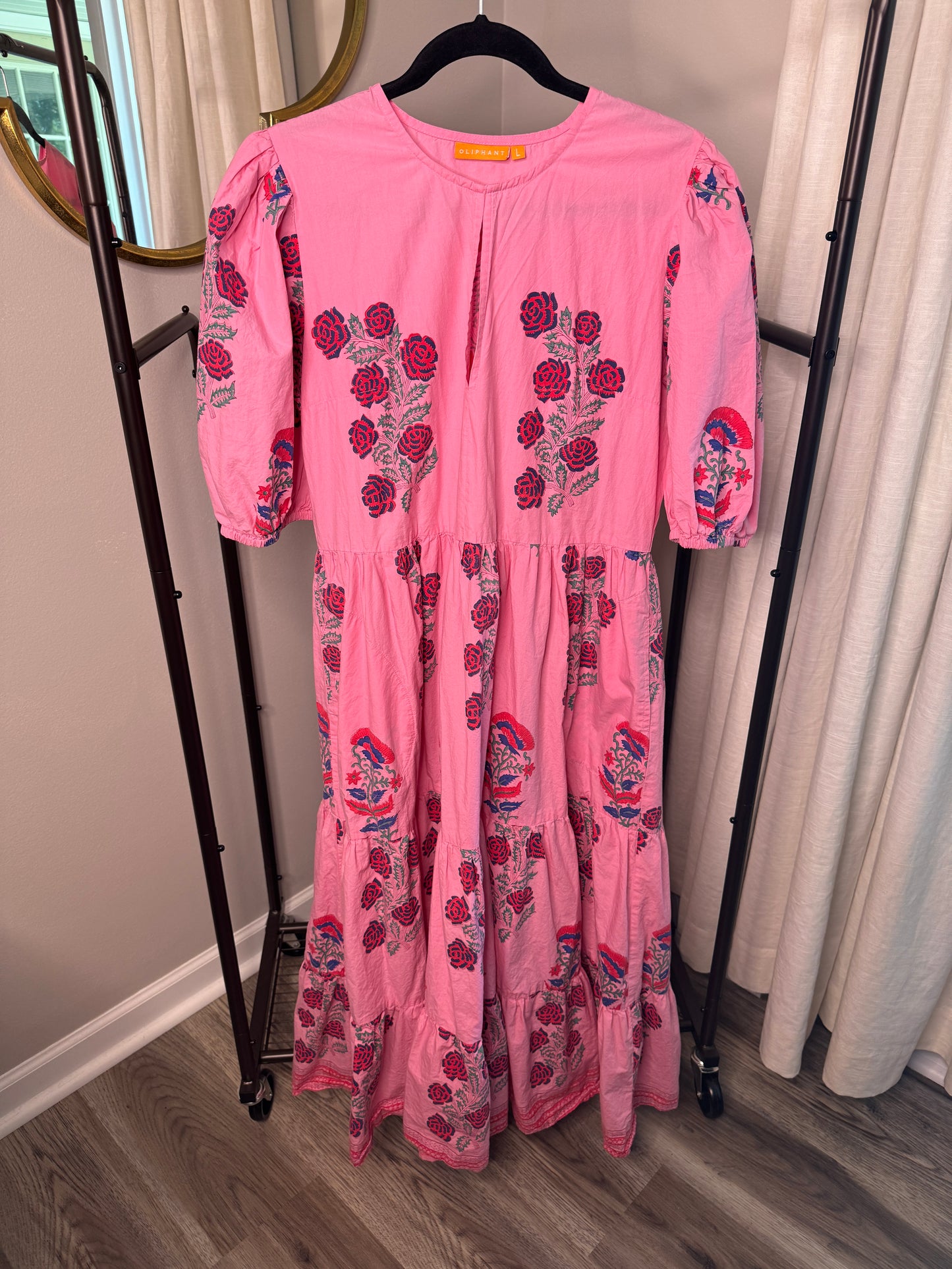 Oliphant Boca Pink Puff Sleeve Midi Dress size L