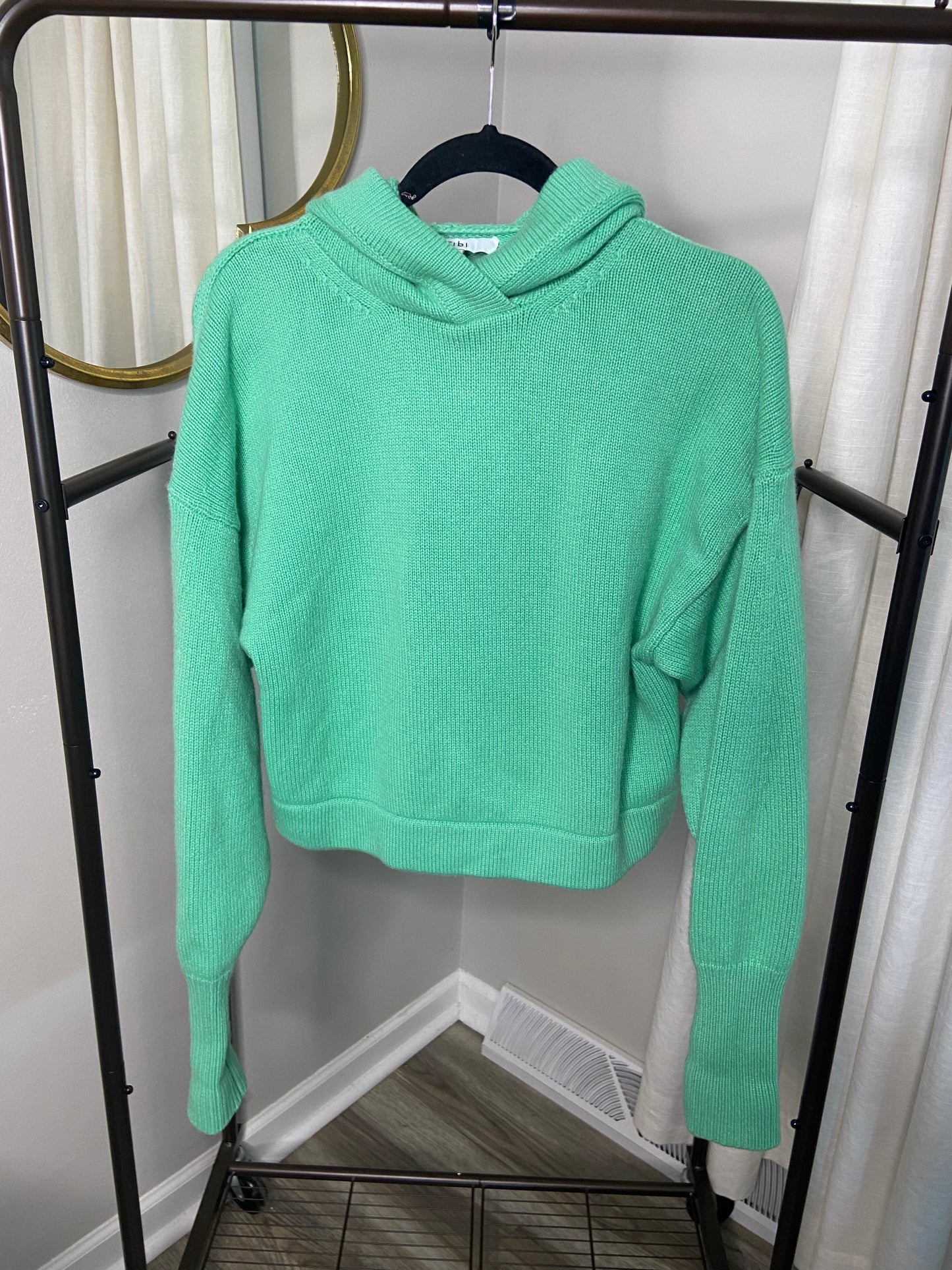 Tibi Pleated Sleeve Cropped Cashmere Pullover Kelly Green size S