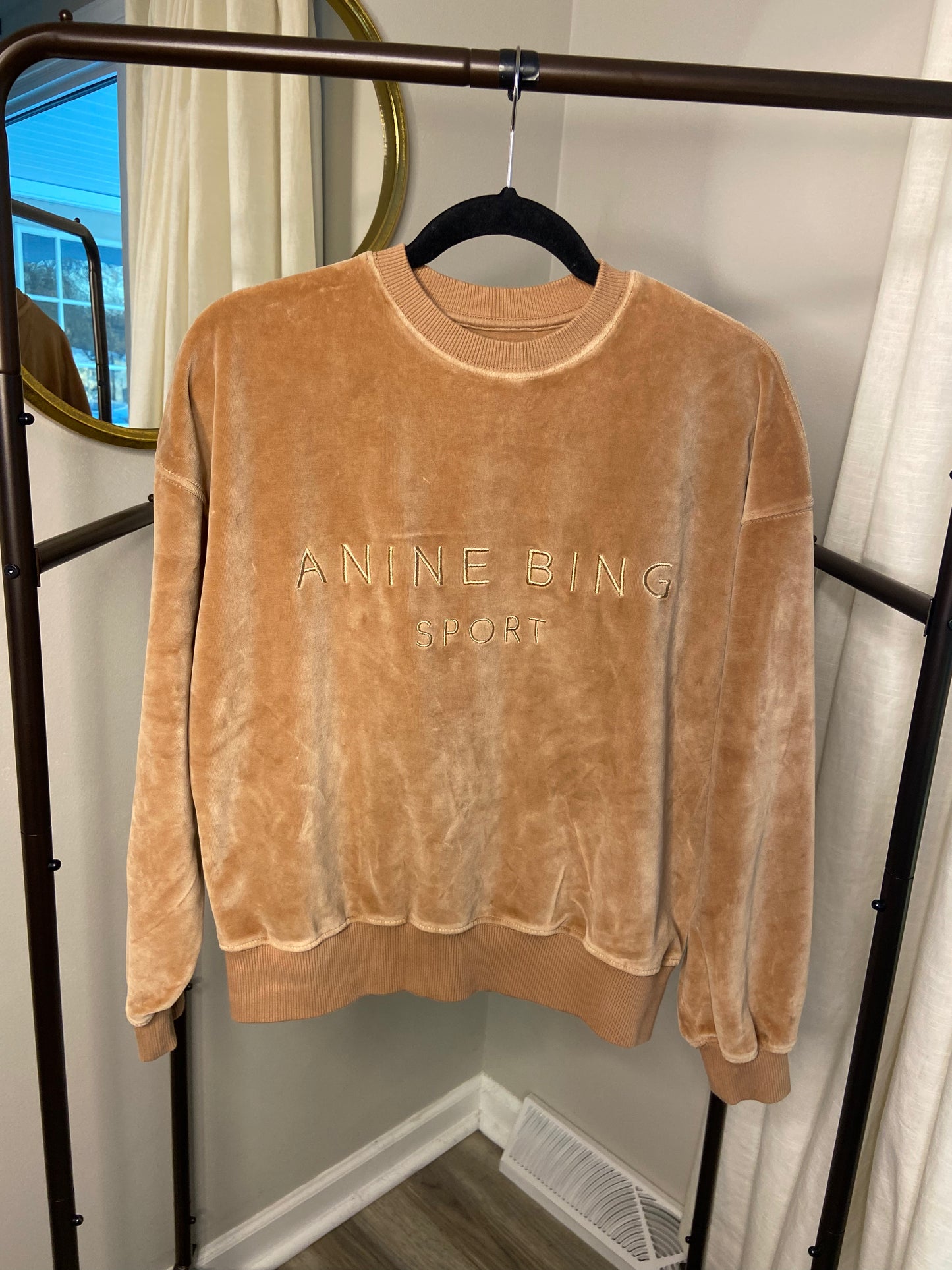 Anine Bing Evan Velour Sweatshirt in Taupe size S