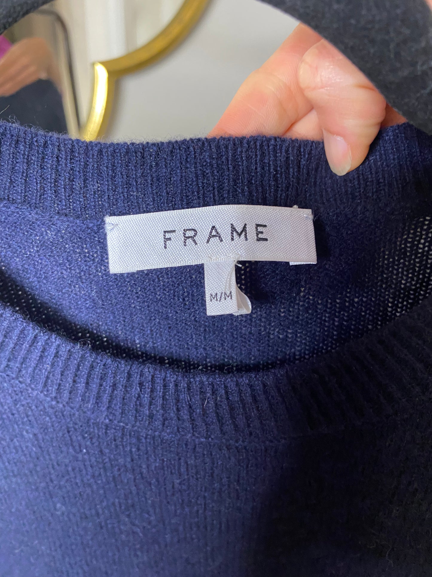Frame Ruched Sleeve Cashmere Top Navy Blue size M