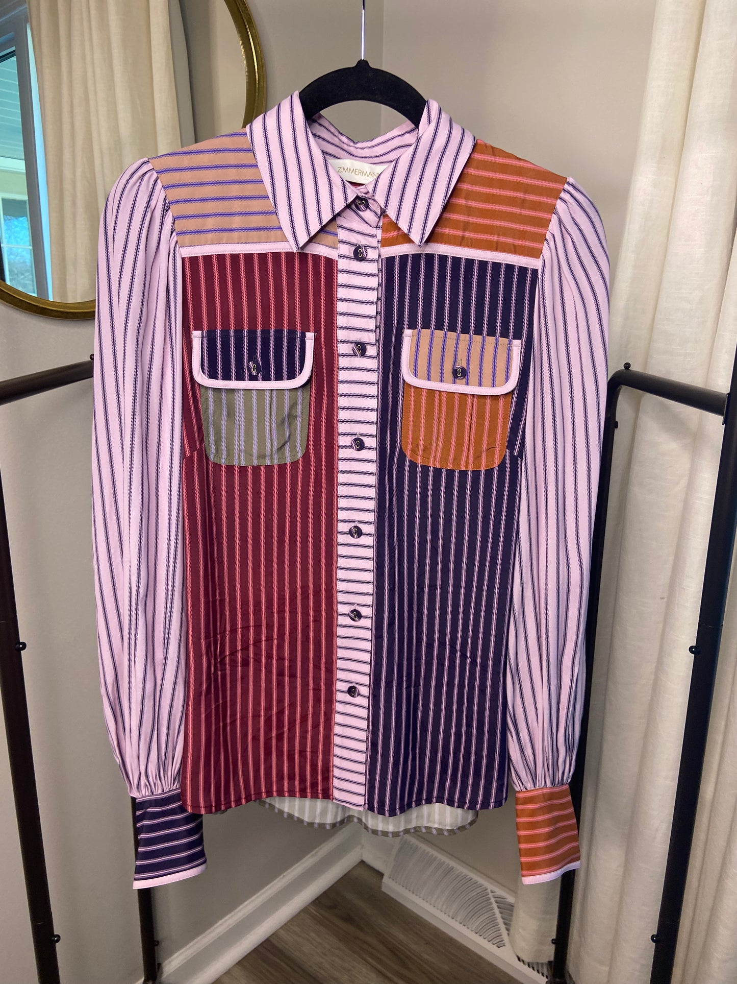 Zimmermann Striped Color-Block Crepe De Chine Shirt size US 6