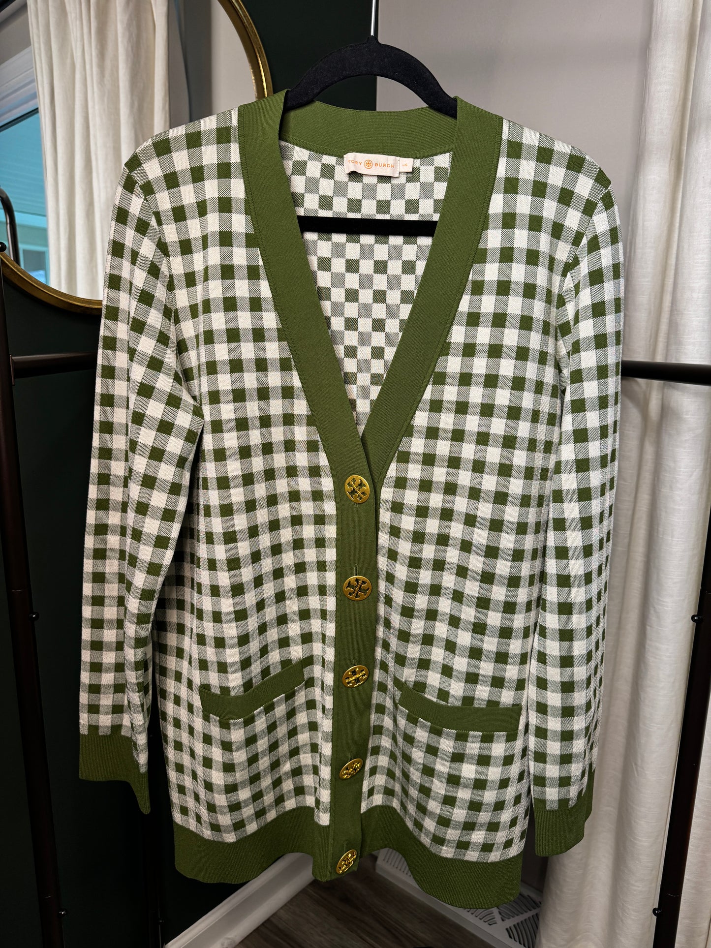 Tory Burch Simone Gingham Cardigan size Large
