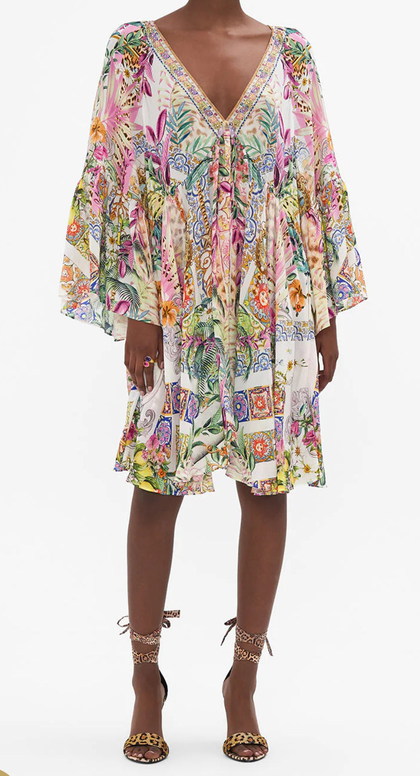Camilla A-Line Ruffle Sleeve Dress Flowers Of Neptune size S