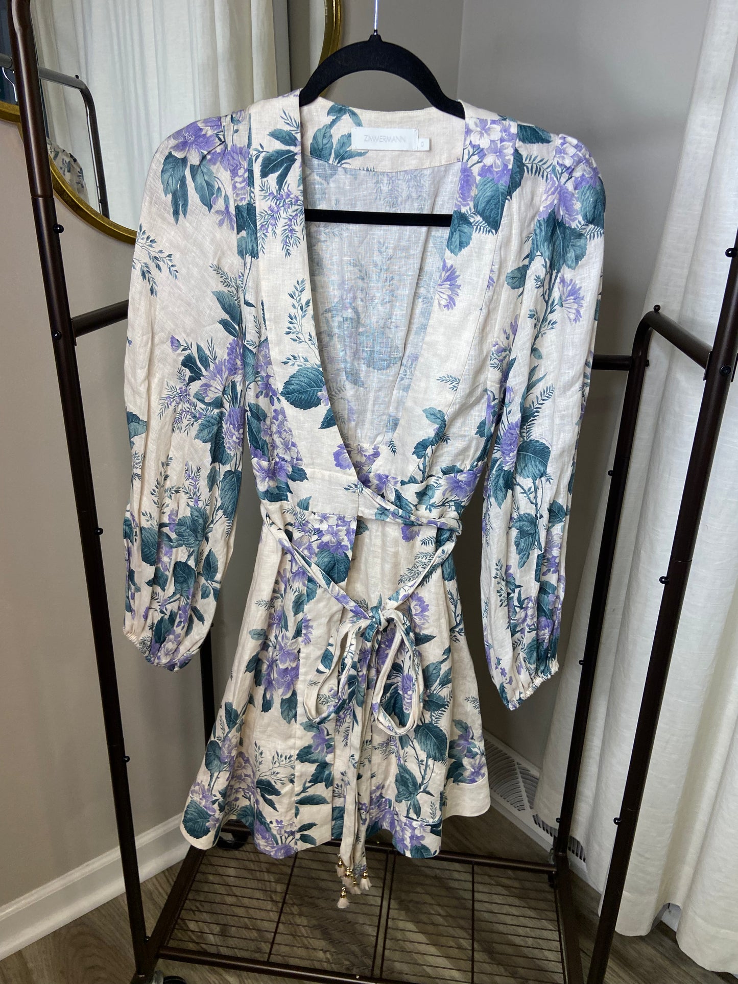 Zimmermann Cassia Floral-Print Linen-Poplin Wrap Dress size US 4