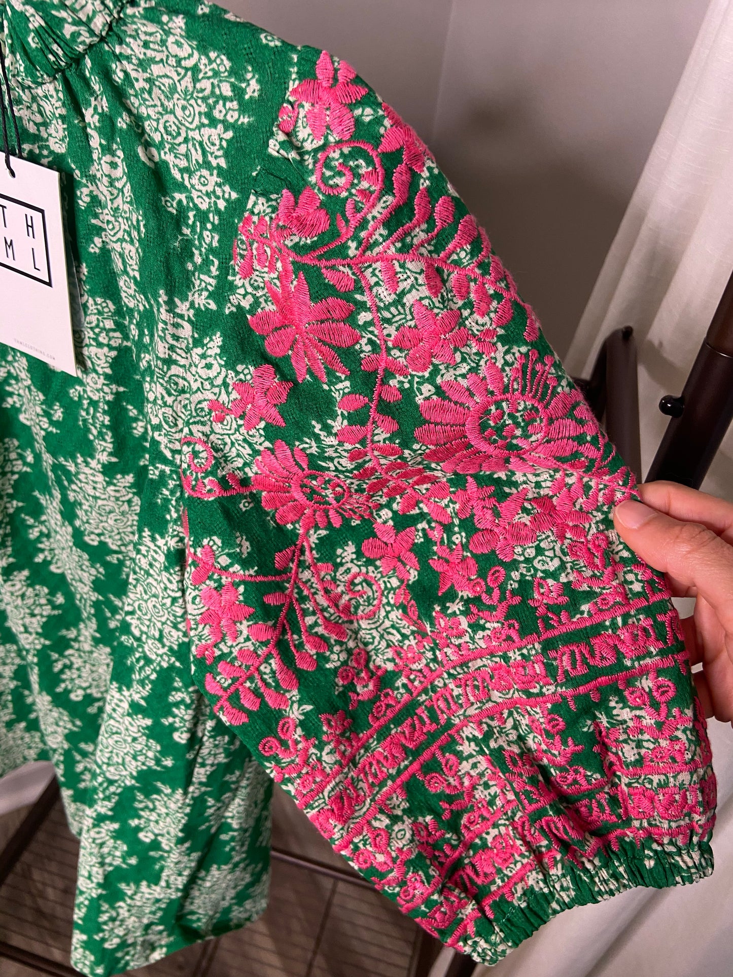 THML Anegada Embroidered Sleeve Top-Green size XS