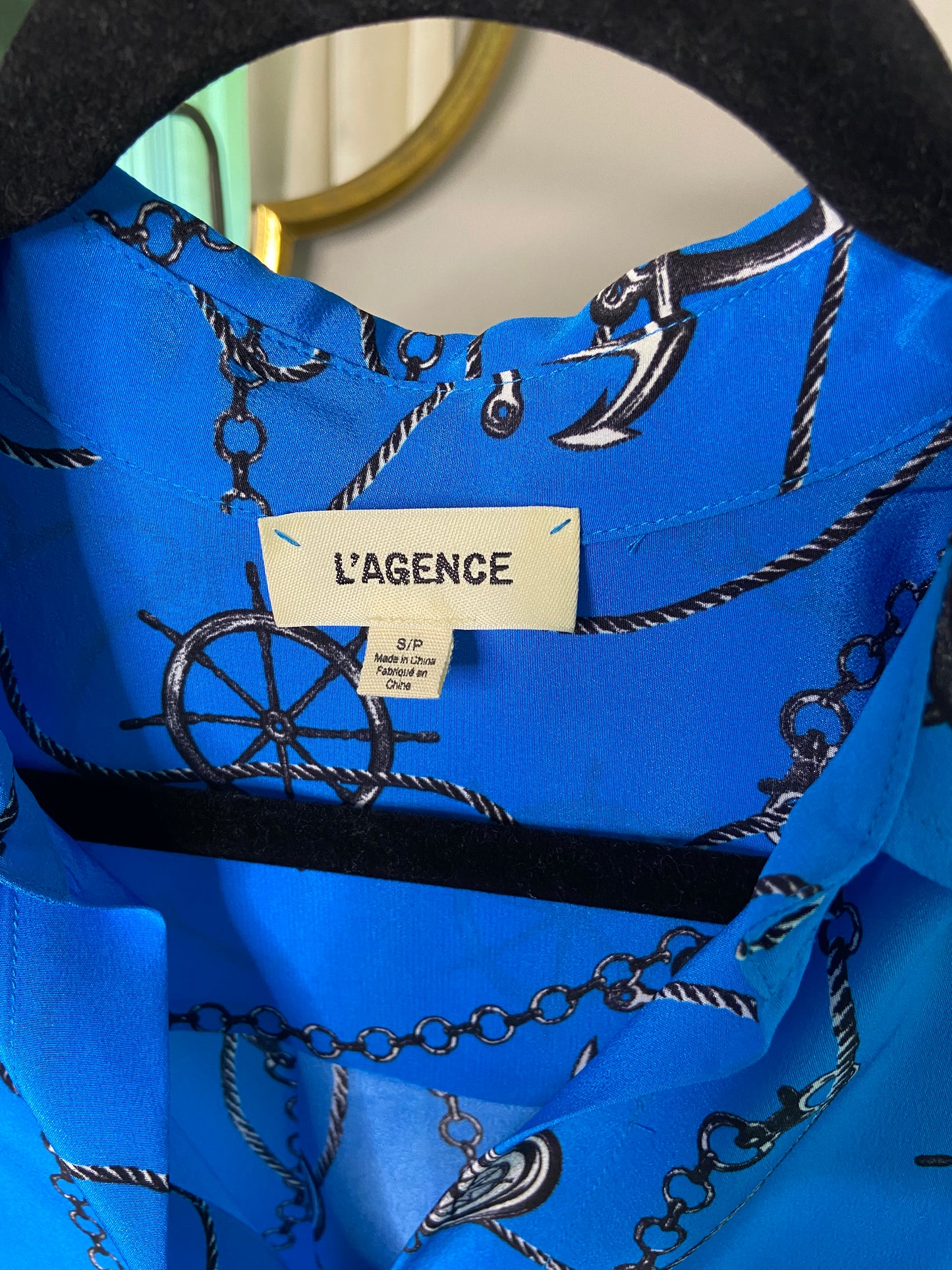L'Agence Nina Blue Silk Anchor Print Blouse Top size S