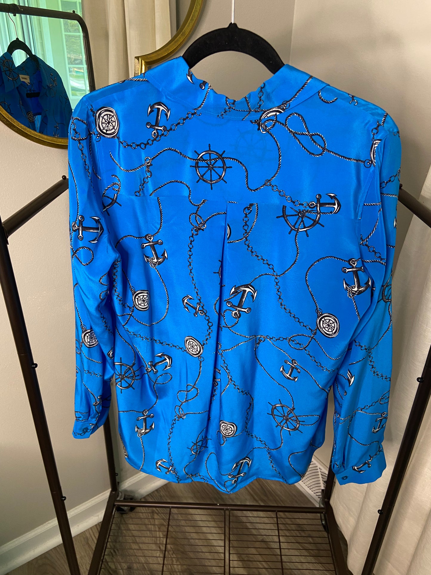 L'Agence Nina Blue Silk Anchor Print Blouse Top size S