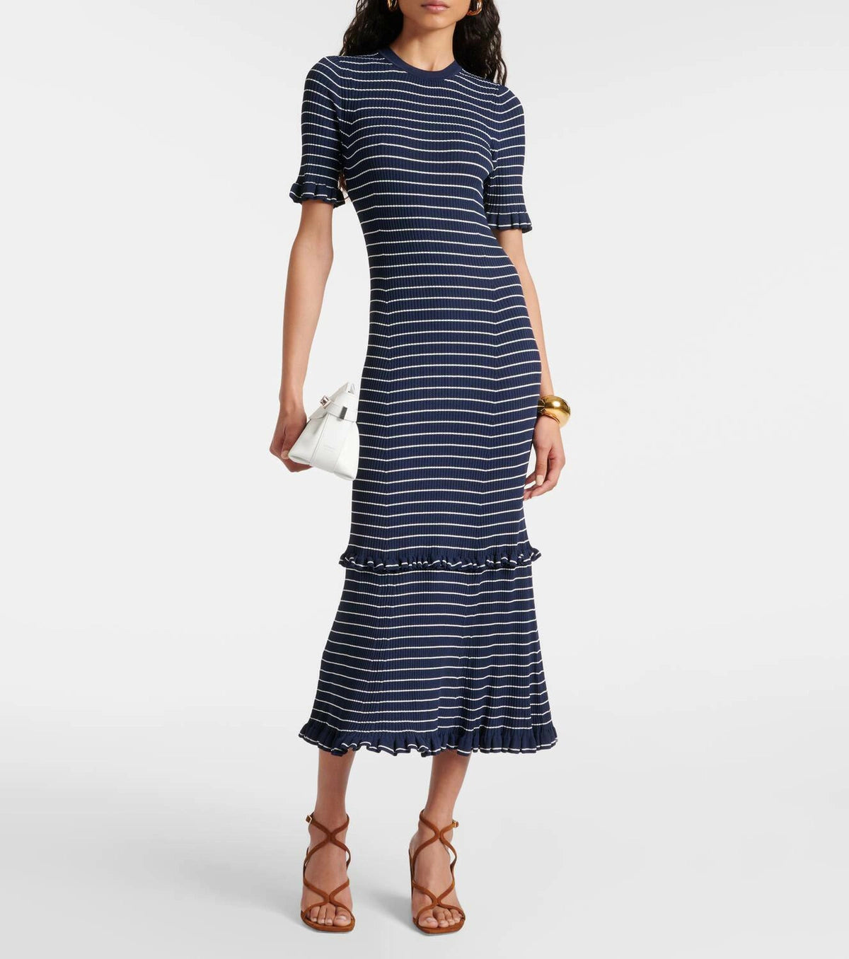 Altuzarra Navy Blue Delpini Stripe Ruffle Trim Midi Dress size XS