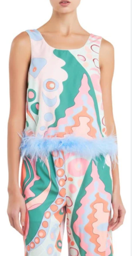 English Factory Abstract Print Feather Trim Top and Pants size S