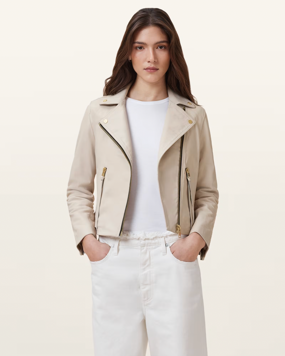 All Saints Dalby Biker Leather Jacket Ivory White size 6