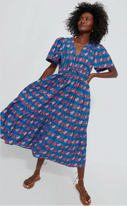 Tuckernuck Retro Floral Mitchell Blue Red Empire Waist Maxi Dress size XXXL