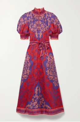 Zimmermann Raie Swing Belted Printed Ramie Maxi Dress size 2 US 8