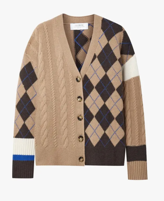 La Ligne Argyle Patchwork Cable-knit Cashmere Cardigan size S