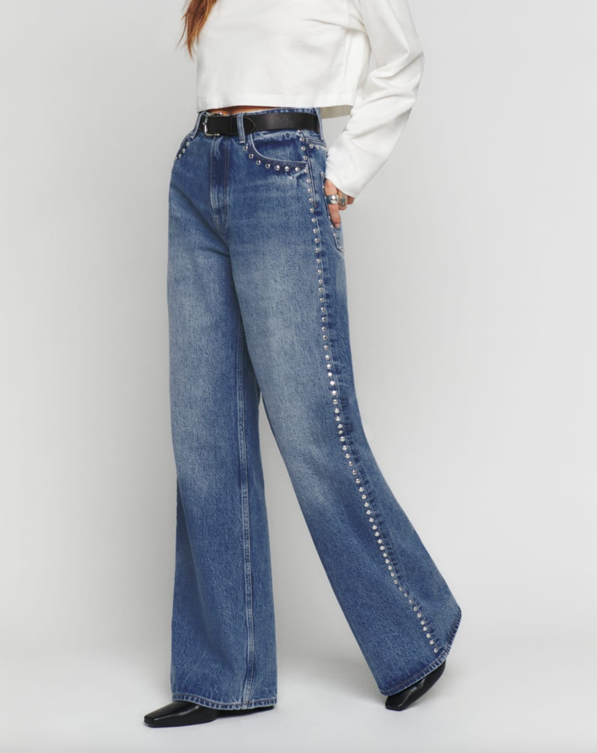 Reformation Cary High Rise Studded Slouchy Wide Leg Jeans size 27
