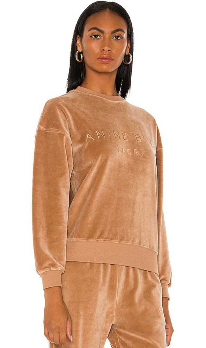 Anine Bing Evan Velour Sweatshirt in Taupe size S