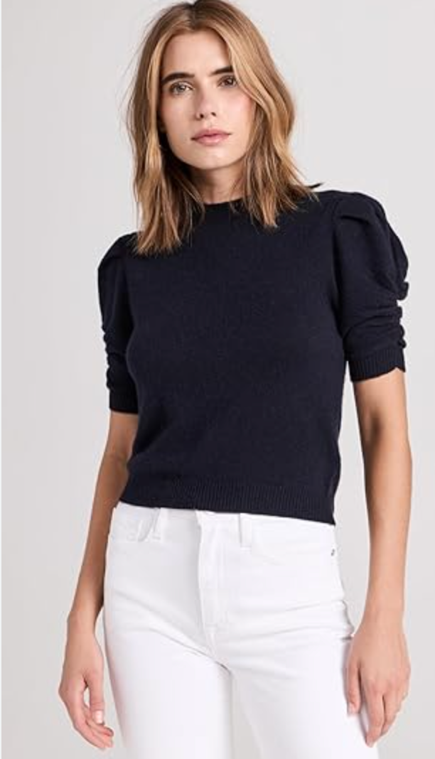Frame Ruched Sleeve Cashmere Top Navy Blue size M