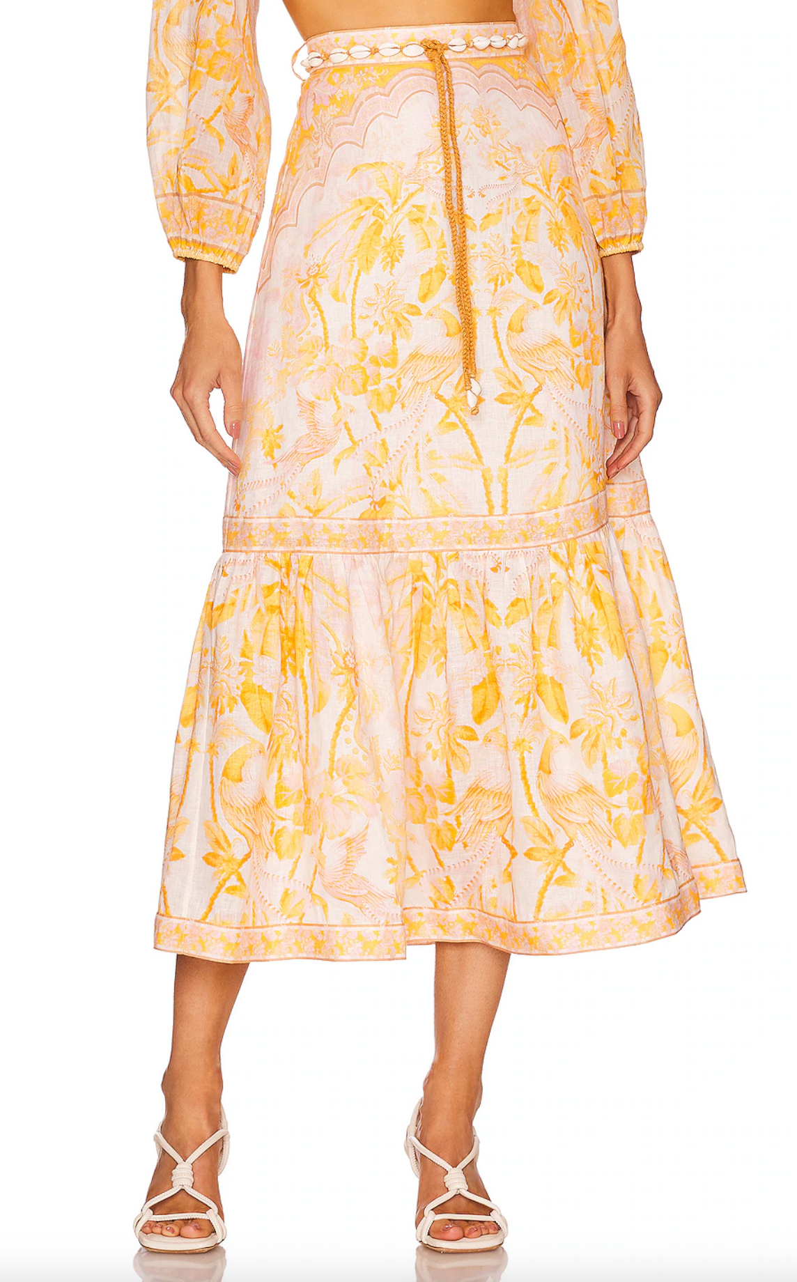 Zimmermann Lyre Belted Tiered Linen Midi Skirt size US 4