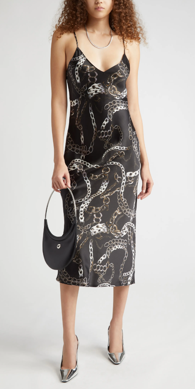 L'Agence Seridie Chain Print Silk Midi Slip Dress Black size 2