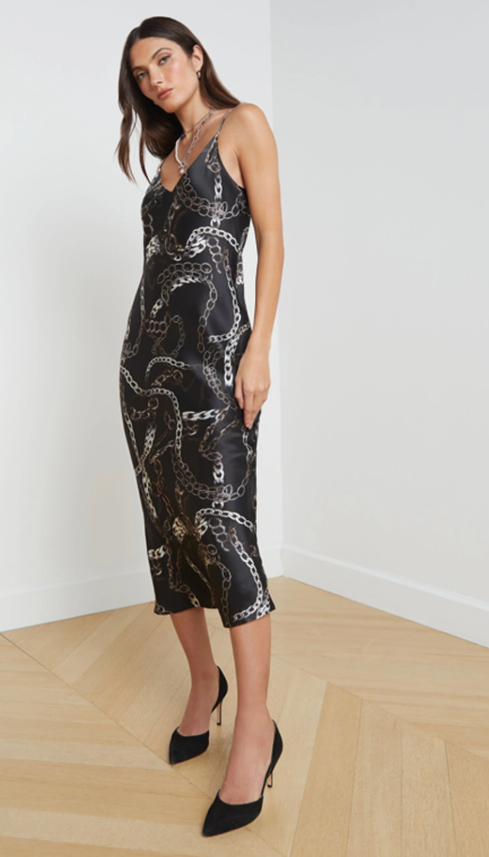 L'Agence Seridie Chain Print Silk Midi Slip Dress Black size 2