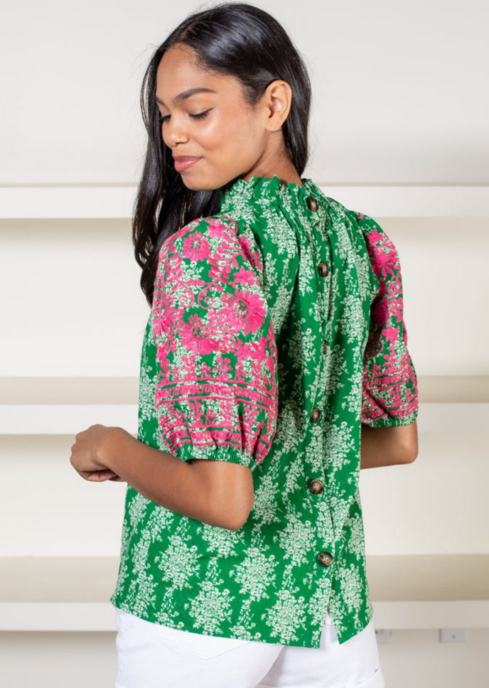 THML Anegada Embroidered Sleeve Top-Green size XS