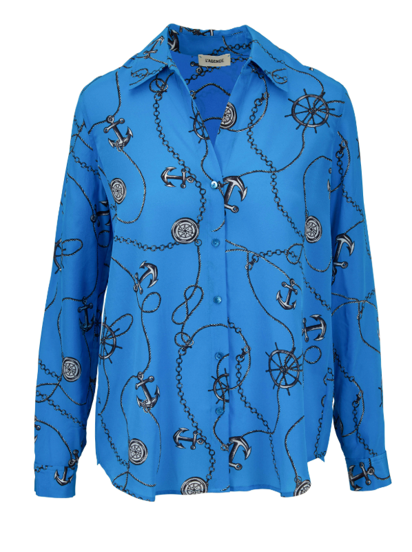 L'Agence Nina Blue Silk Anchor Print Blouse Top size S