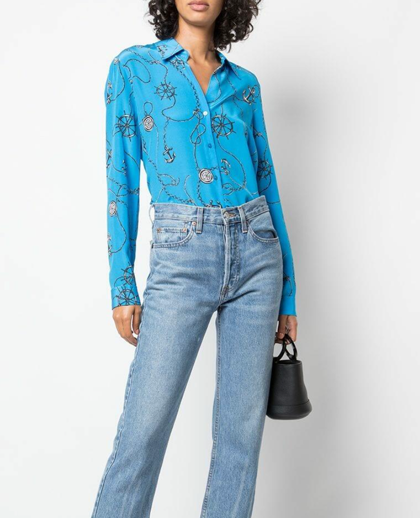 L'Agence Nina Blue Silk Anchor Print Blouse Top size S