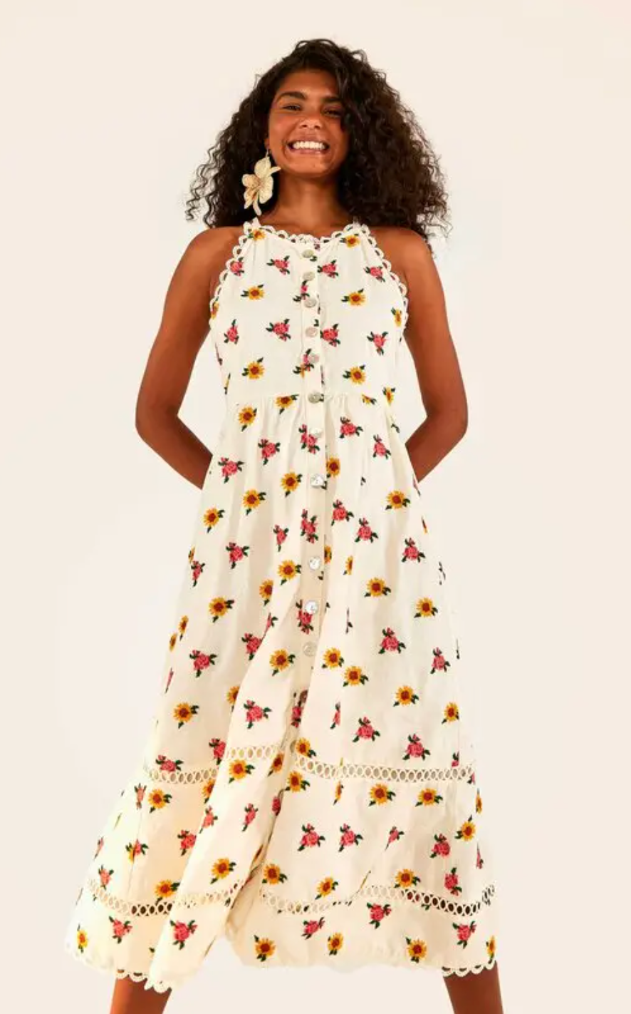 Farm Rio Mixed Cross Stitch Flowers Linen Midi Dress size XL