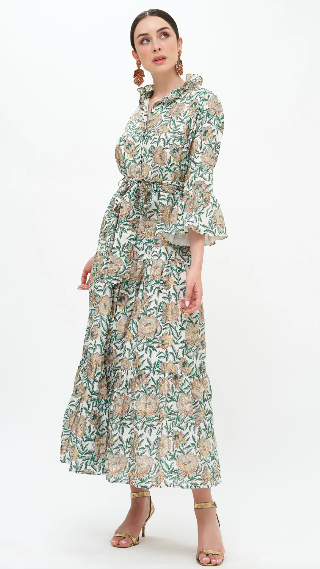 Oliphant Ruffle Collar Bell Maxi Dress in Hedera Green size L