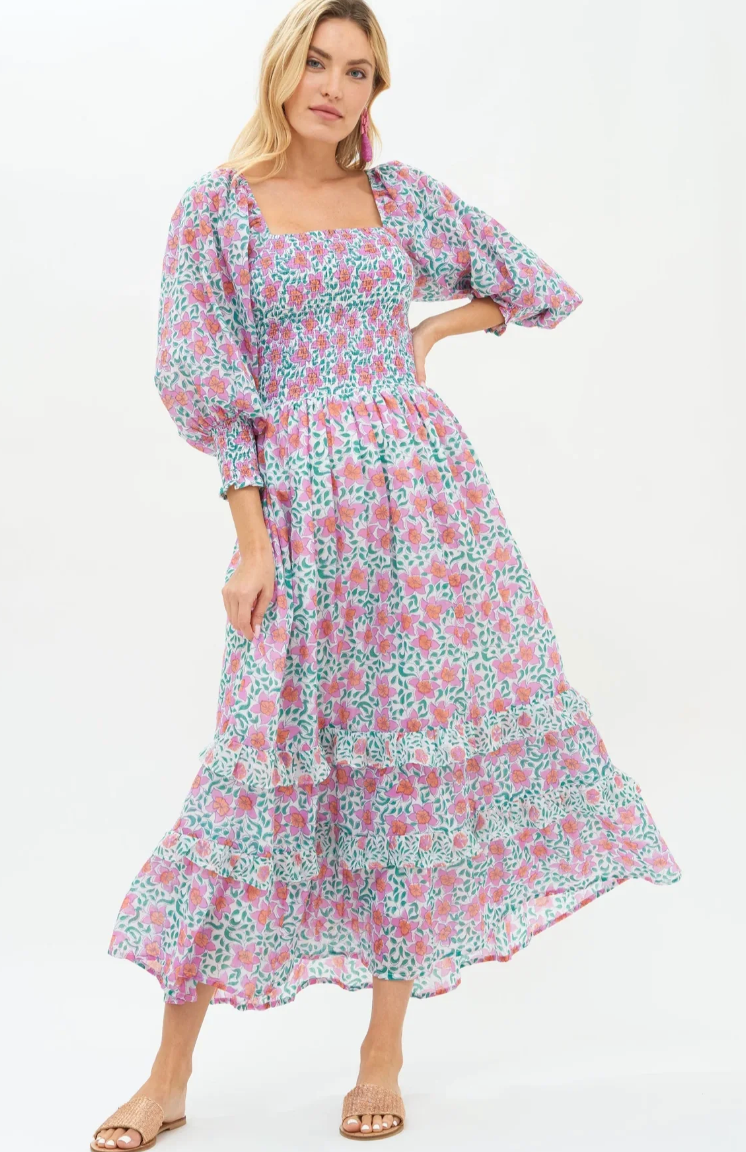 Oliphant Smocked Top Tered Midi Dress size S