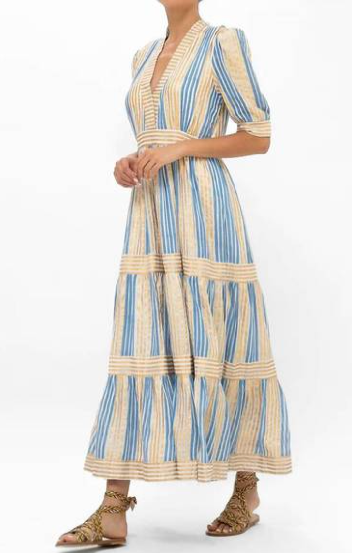 Oliphant V Neck Cuffed Maxi Dress Blue Gold size M
