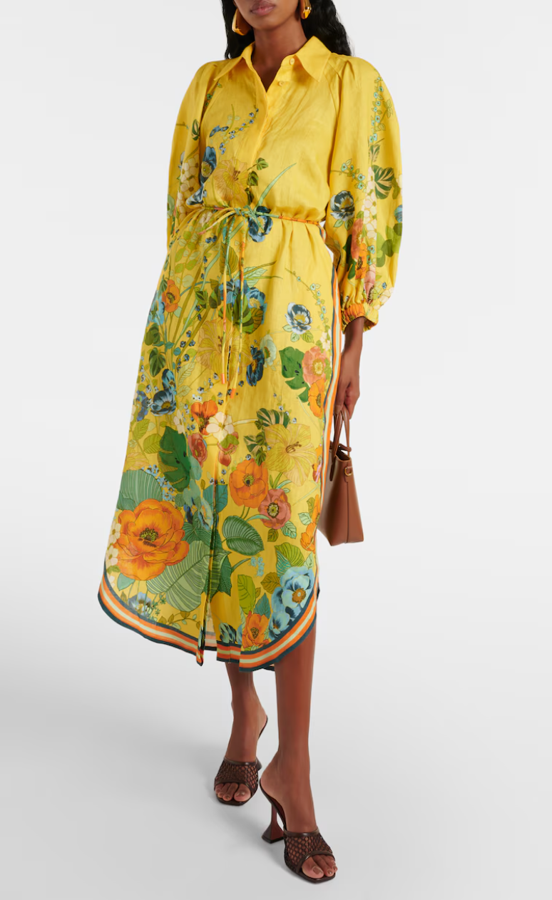 Alemais Floral Puff Sleeve Linen Midi Dress size 2