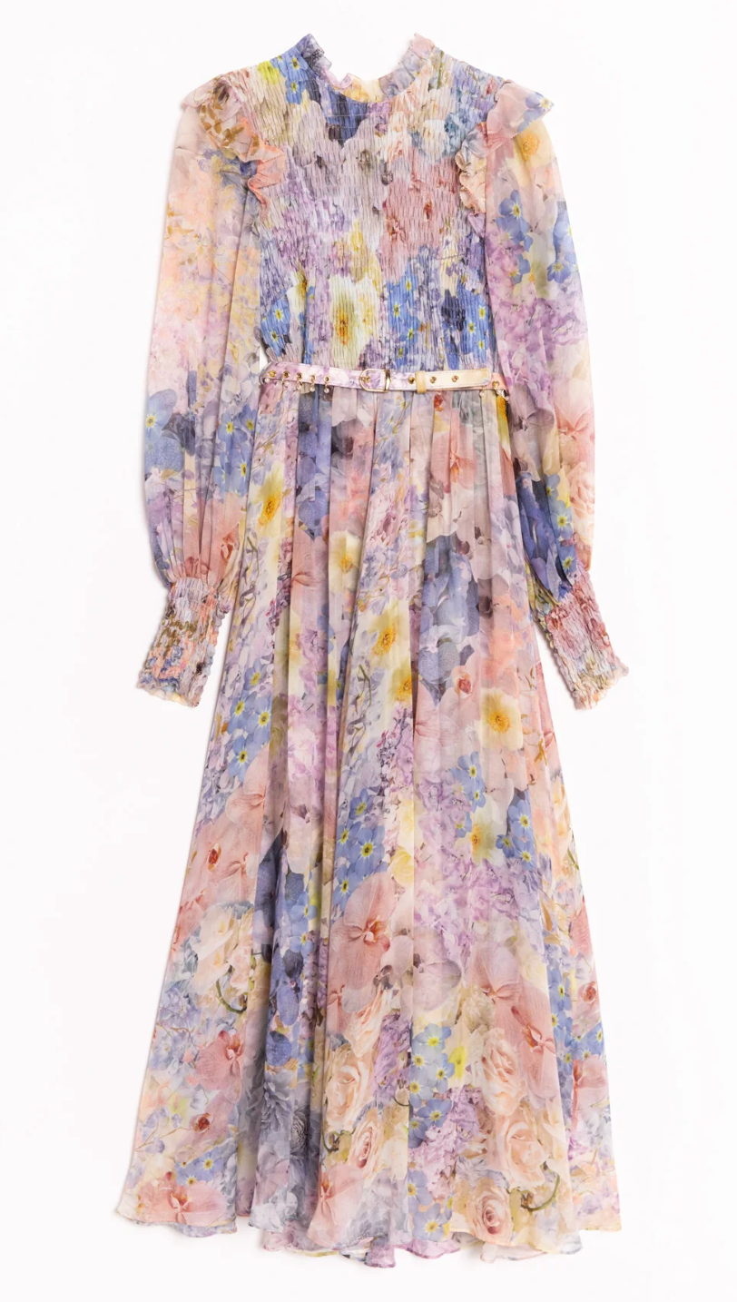 Zimmermann Rhythmic Shirred Floral-Print Midi Dress size US 6