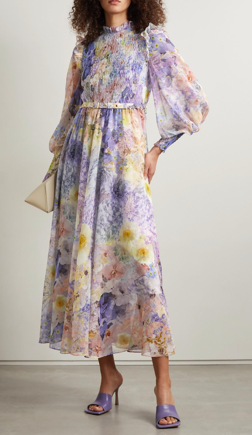 Zimmermann Rhythmic Shirred Floral-Print Midi Dress size US 6
