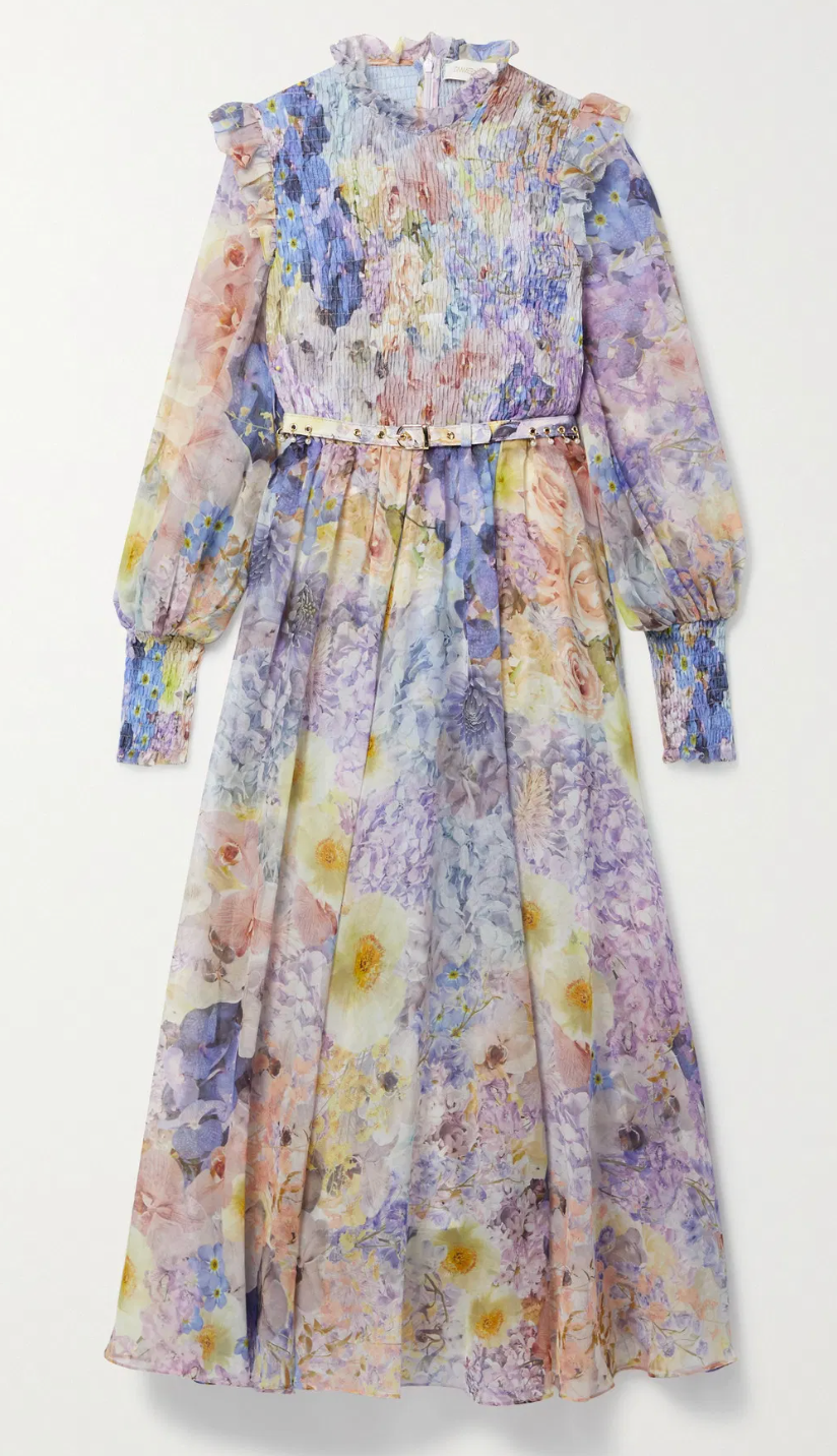 Zimmermann Rhythmic Shirred Floral-Print Midi Dress size US 6