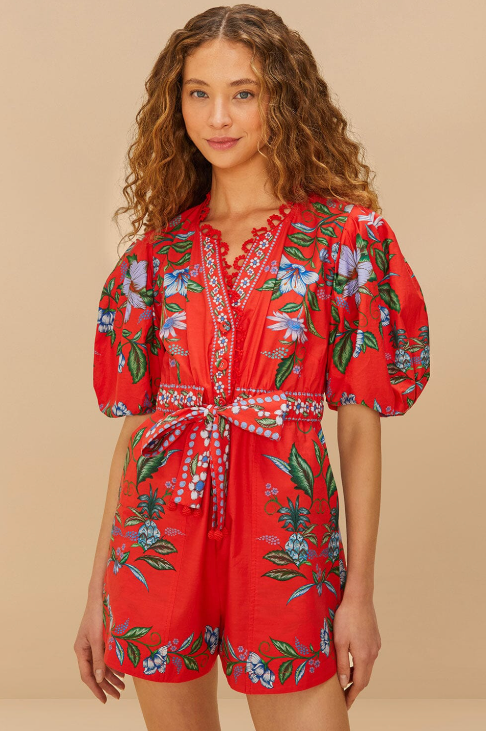 Farm Rio Red Sweet Bloom Bouquet Romper size M
