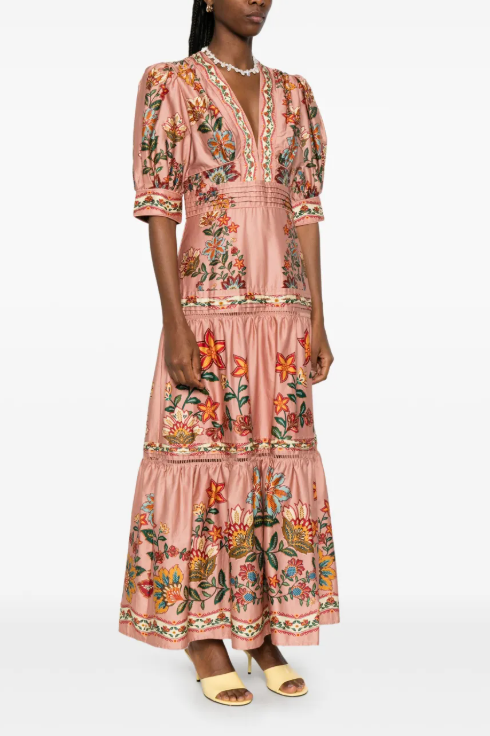 Farm Rio Pink Garden Delight Short Sleeve Maxi Dress size M