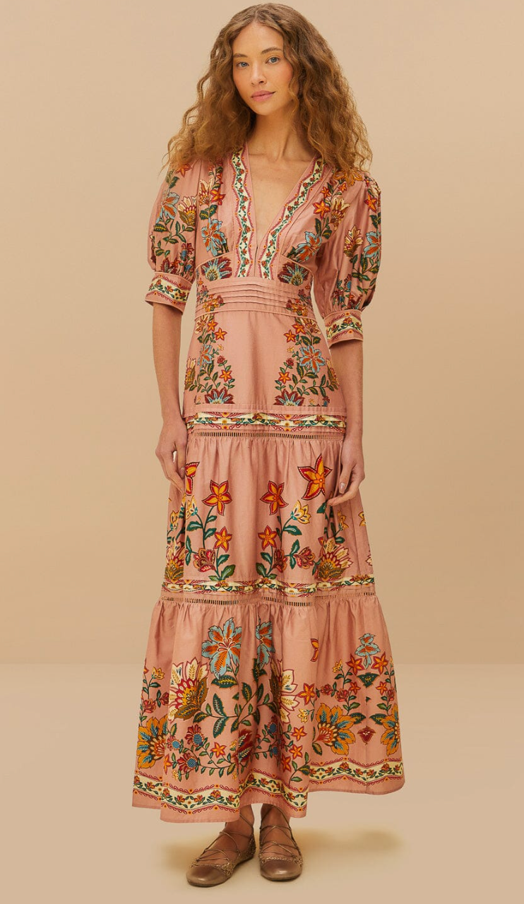 Farm Rio Pink Garden Delight Short Sleeve Maxi Dress size M