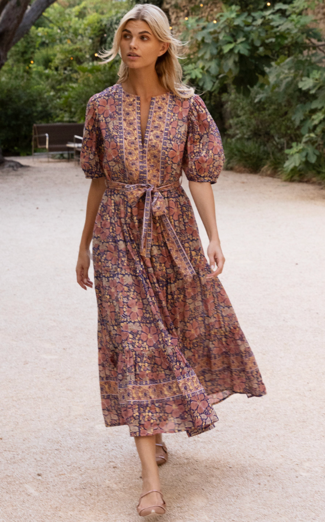 Oliphant Matera Navy Puff Sleeve Maxi Dress size L